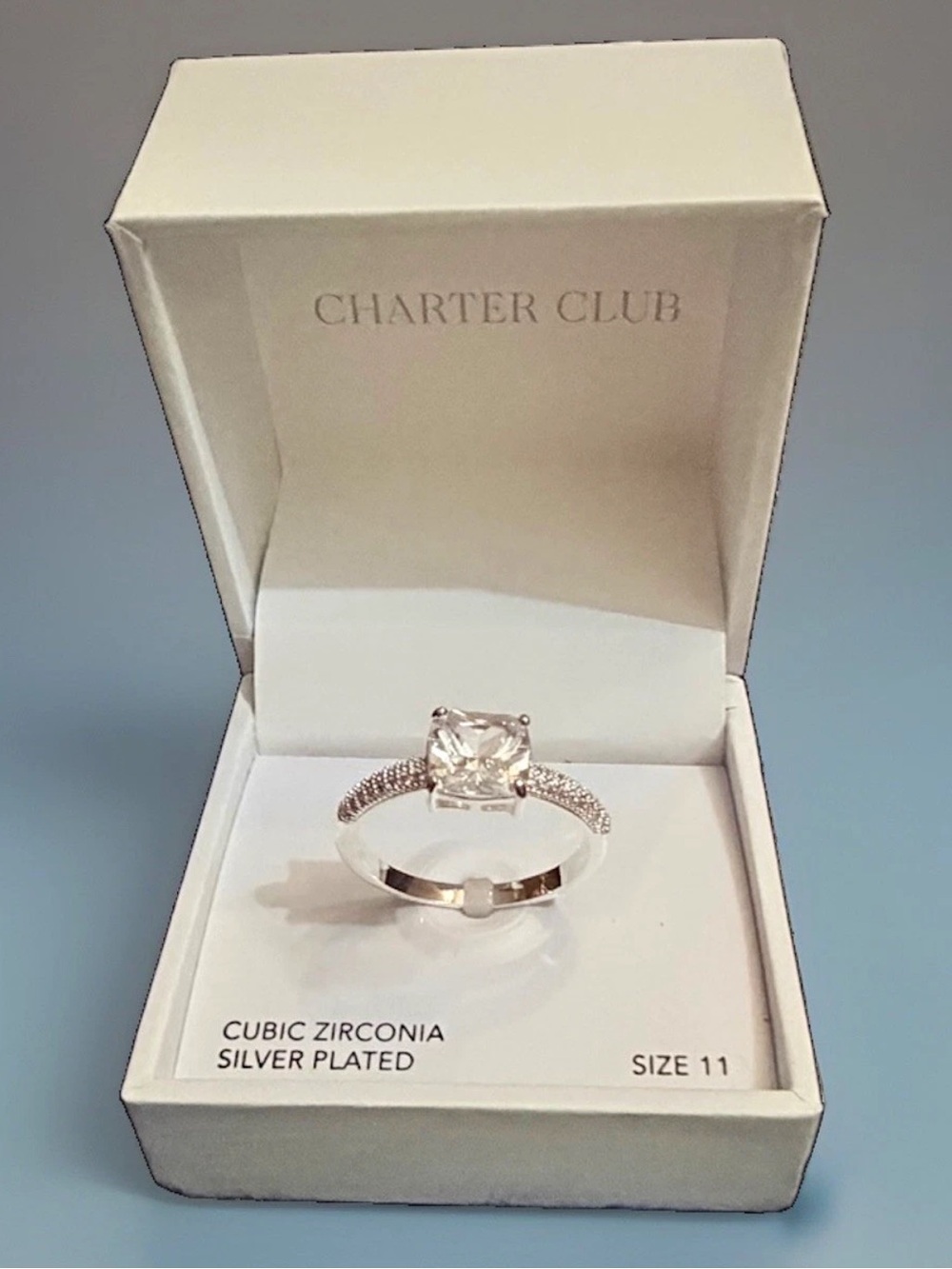 NWT Charter Club Silver Plated CZ Statement Ring Size 11 w/ Original Gift Box